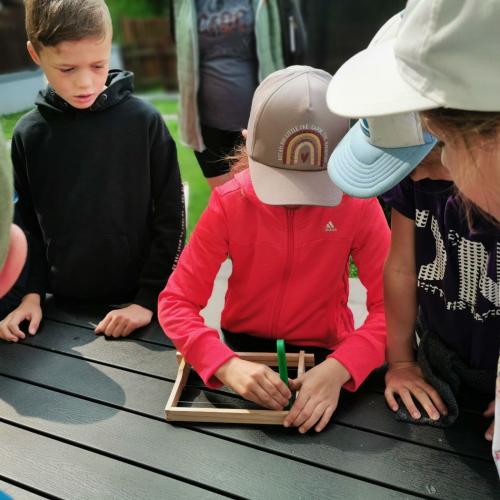 Kind spannt Drähte im Gitterrahmen für Bienen