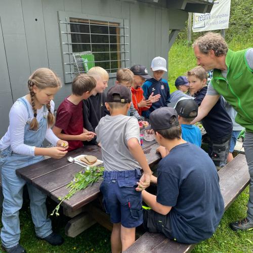 Die Kinder stellen einen Kräuteraufstrich her.