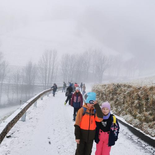 Kinder wandern durch den Schnee