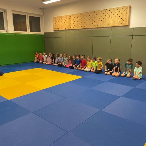Die Kinder erfahren etwas über sicheres Abrollen und Stützen im Judoraum.