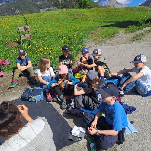 Kinder erhalten eine Erklärung zum Beobachten von Vögeln
