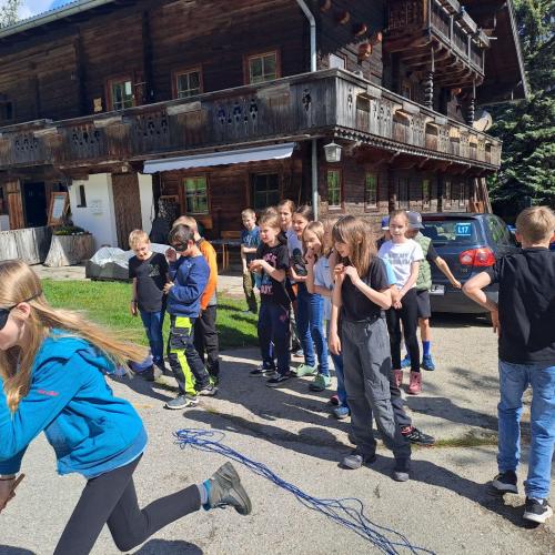 Kinder machen sich auf die Suche nach Wiesenvögeln.