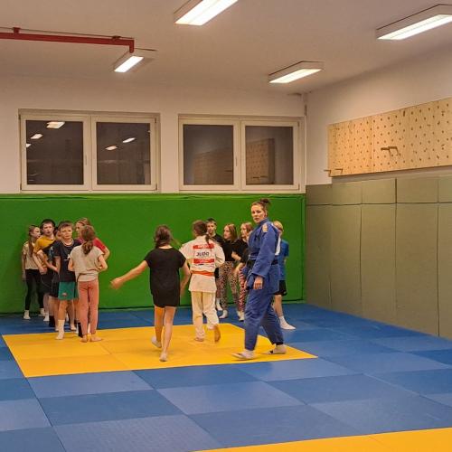 Kinder machen Judoübungen mit Stefanie Rainer.