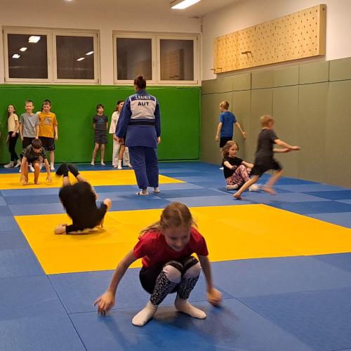 Kinder machen Judoübungen mit Stefanie Rainer.