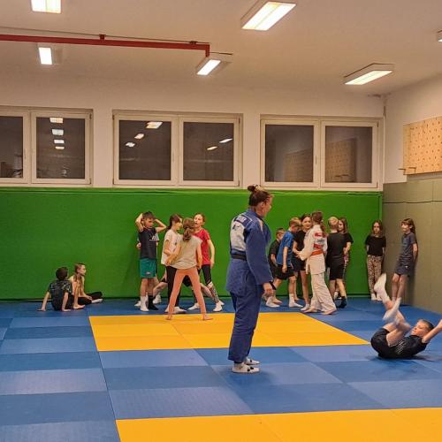 Kinder machen Judoübungen mit Stefanie Rainer.