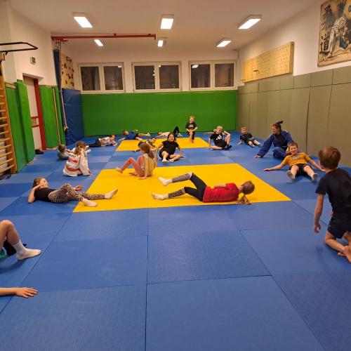 Kinder machen Judoübungen mit Stefanie Rainer.