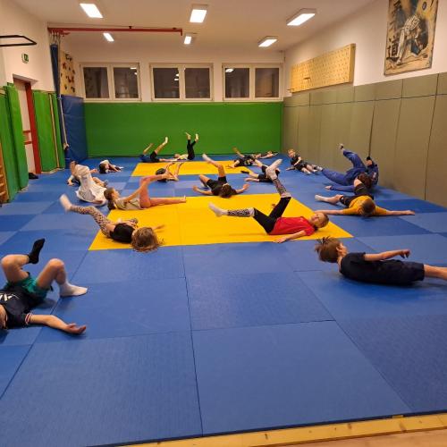 Kinder machen Judoübungen mit Stefanie Rainer.