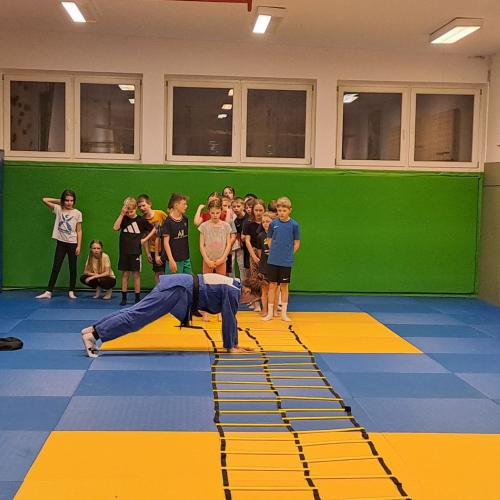 Kinder machen Judoübungen mit Stefanie Rainer.