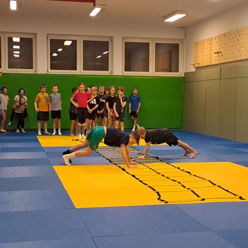 Kinder machen Judoübungen mit Stefanie Rainer.