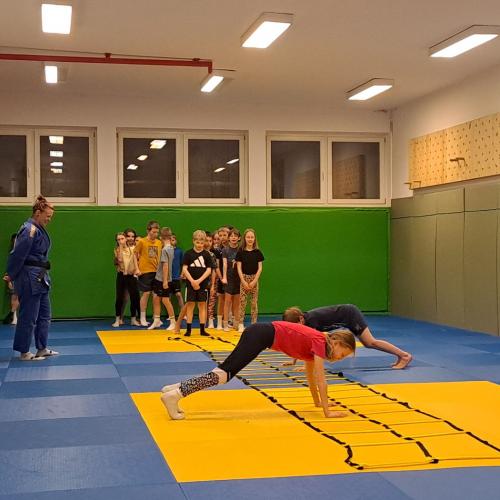 Kinder machen Judoübungen mit Stefanie Rainer.