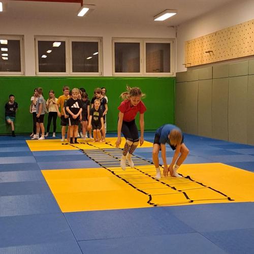 Kinder machen Judoübungen mit Stefanie Rainer.