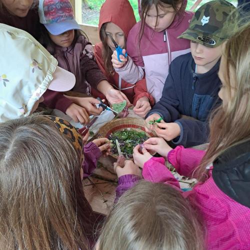 Die Kinder machen mit dem Nationalparkranger einen Kräuteraufstrich.