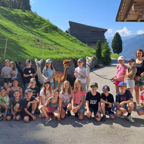 Gruppenfoto mit Kindern und Alpakas