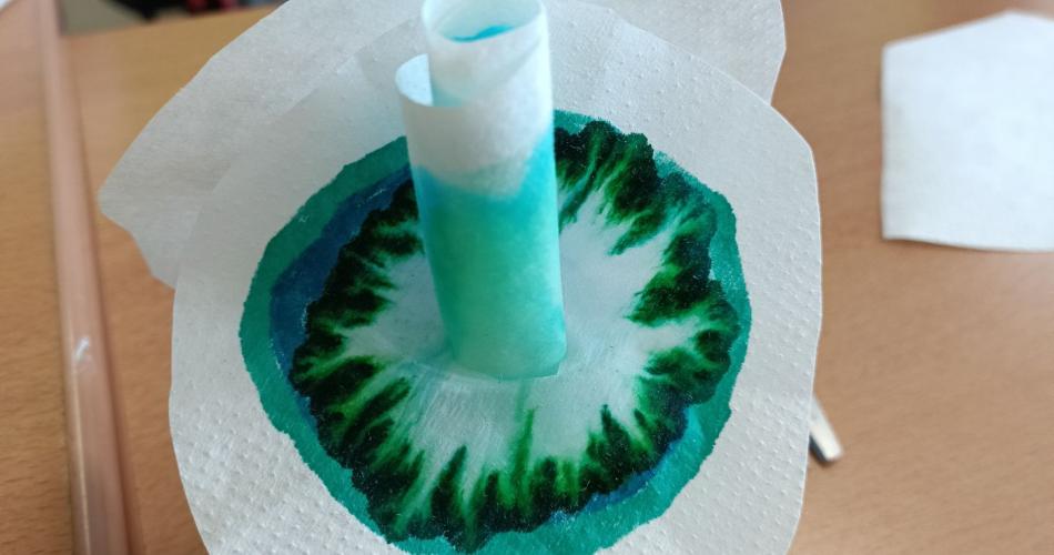 Experiment mit bemaltem Kaffeefilter in Wasser